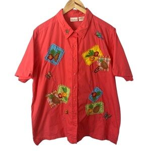 Bobbie Brooks Gardening Embroidered Patchwork Top Orange Plus 18W/20W Cotton